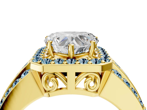 Yellow gold Heart Cut Halo Diamond Ring with Round with Aquamarine side stone Split Shank and Prong Setting_4