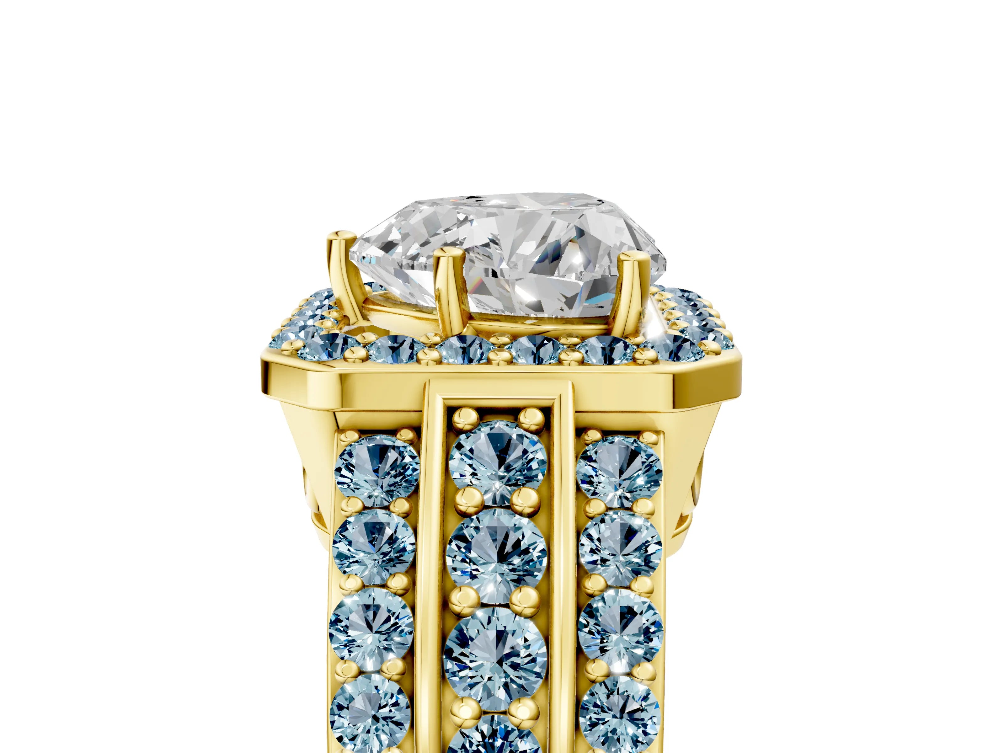 Yellow gold Heart Cut Halo Diamond Ring with Round with Aquamarine side stone Split Shank and Prong Setting_5