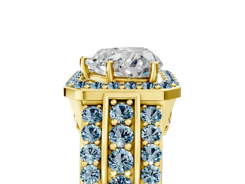 Yellow gold Heart Cut Halo Diamond Ring with Round with Aquamarine side stone Split Shank and Prong Setting_5