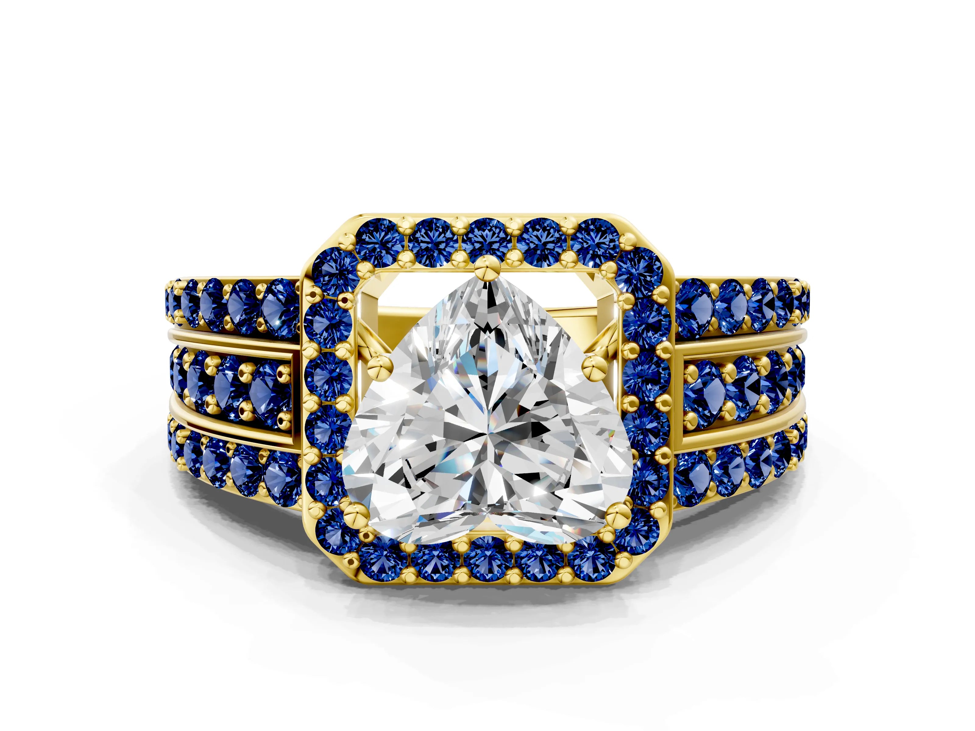 Yellow gold Heart Cut Halo Diamond Ring with Round with Blue Sapphire side stone Split Shank and Prong Setting