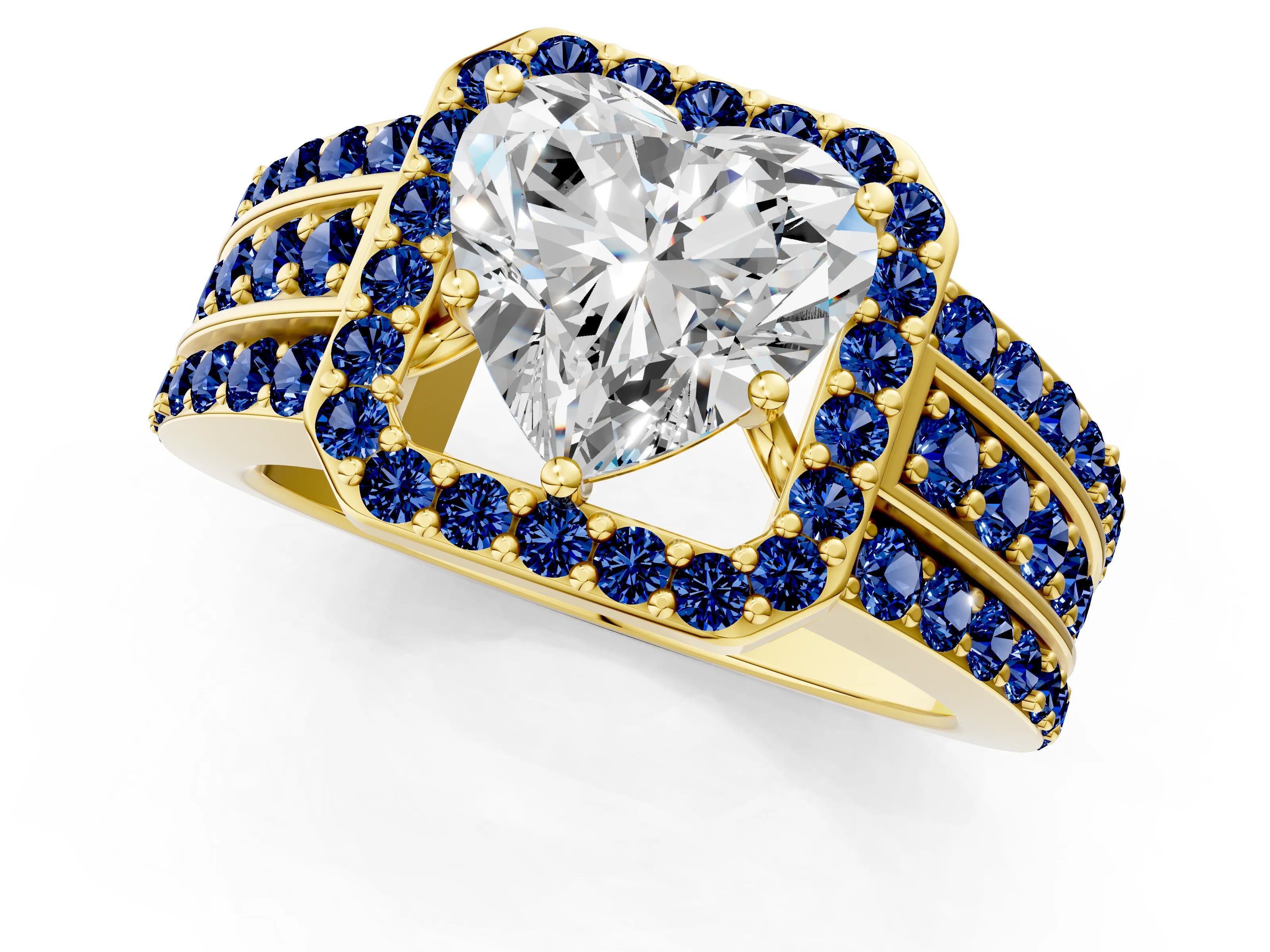 Yellow gold Heart Cut Halo Diamond Ring with Round with Blue Sapphire side stone Split Shank and Prong Setting_1
