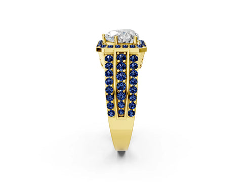 Yellow gold Heart Cut Halo Diamond Ring with Round with Blue Sapphire side stone Split Shank and Prong Setting_2