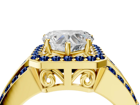 Yellow gold Heart Cut Halo Diamond Ring with Round with Blue Sapphire side stone Split Shank and Prong Setting_4