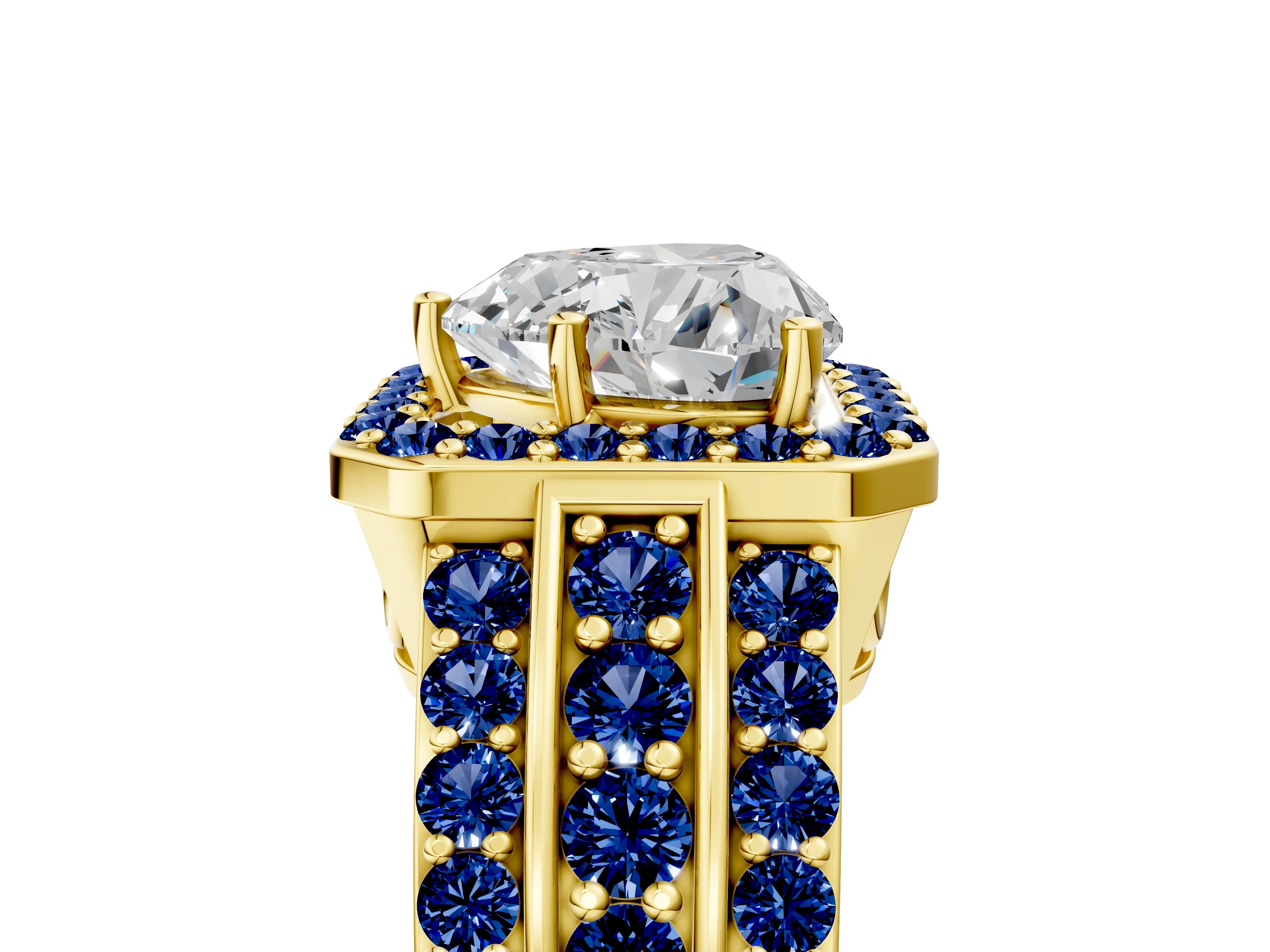 Yellow gold Heart Cut Halo Diamond Ring with Round with Blue Sapphire side stone Split Shank and Prong Setting_5