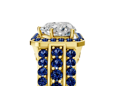 Yellow gold Heart Cut Halo Diamond Ring with Round with Blue Sapphire side stone Split Shank and Prong Setting_5