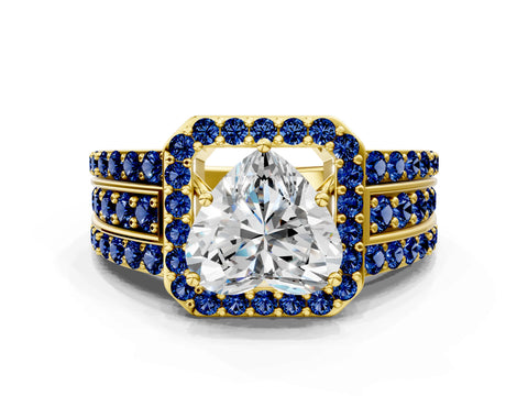 Yellow gold Heart Cut Halo Diamond Ring with Round with Blue Sapphire side stone Split Shank and Prong Setting