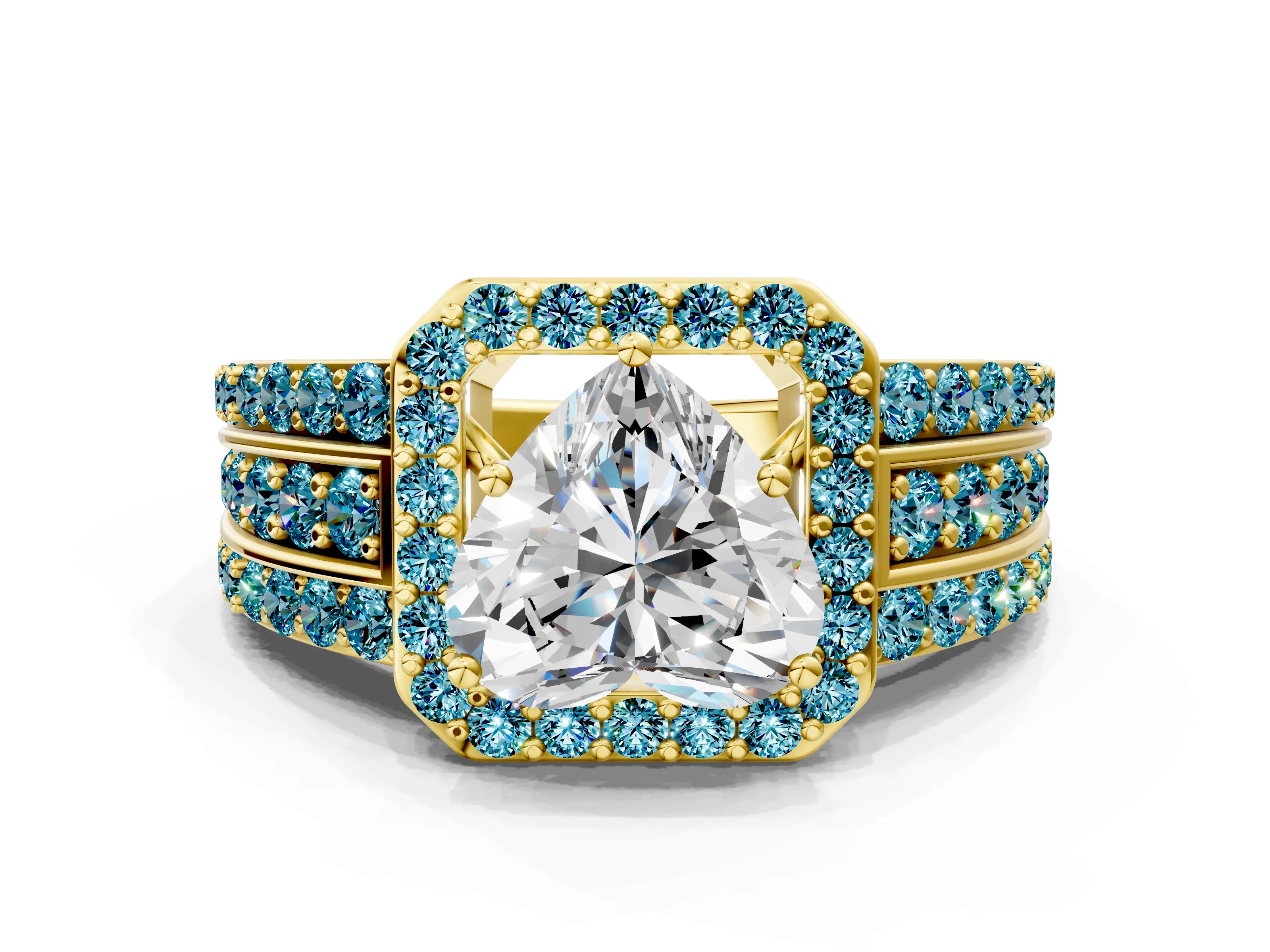 Yellow gold Heart Cut Halo Diamond Ring with Round with Blue Topaz side stone Split Shank and Prong Setting