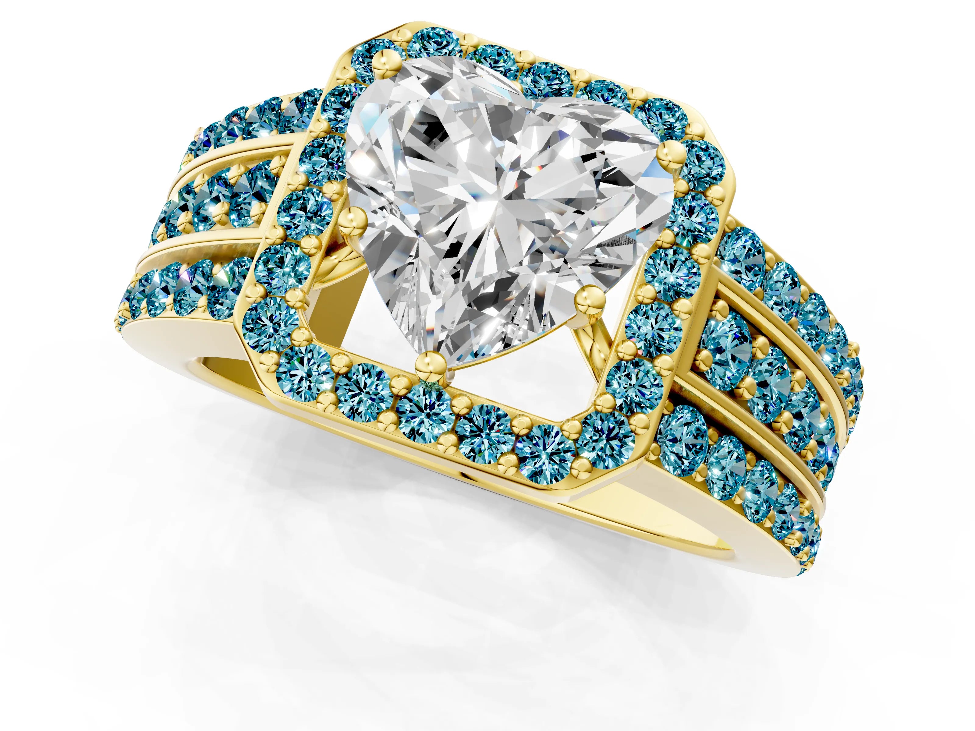 Yellow gold Heart Cut Halo Diamond Ring with Round with Blue Topaz side stone Split Shank and Prong Setting_1