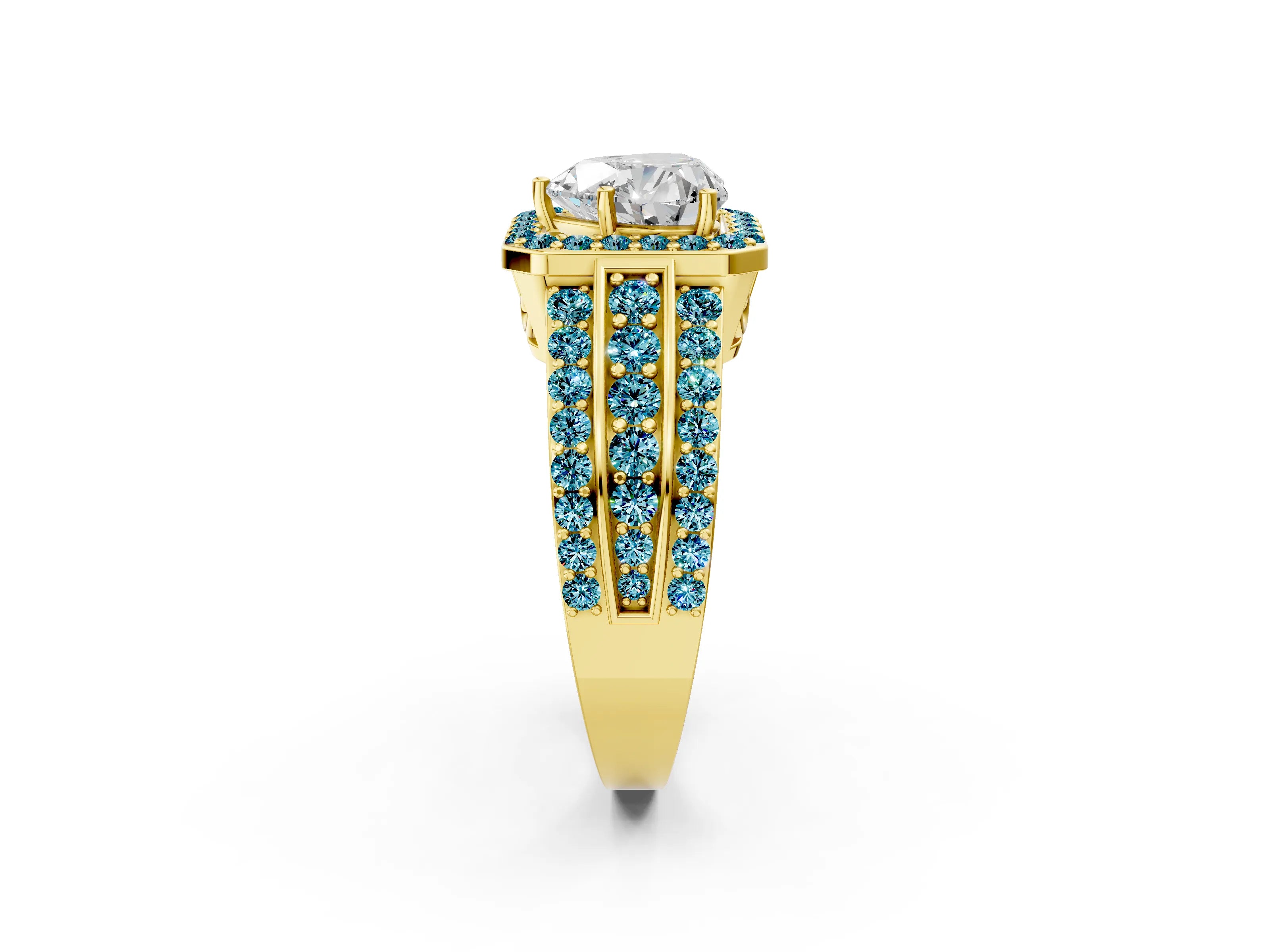 Yellow gold Heart Cut Halo Diamond Ring with Round with Blue Topaz side stone Split Shank and Prong Setting_2