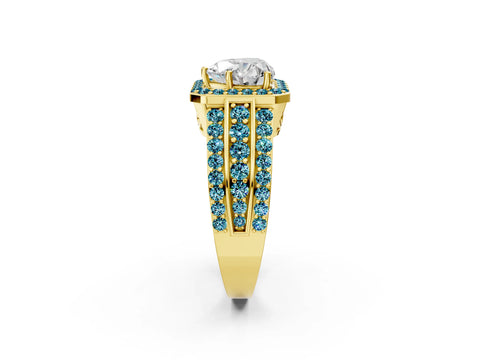 Yellow gold Heart Cut Halo Diamond Ring with Round with Blue Topaz side stone Split Shank and Prong Setting_2