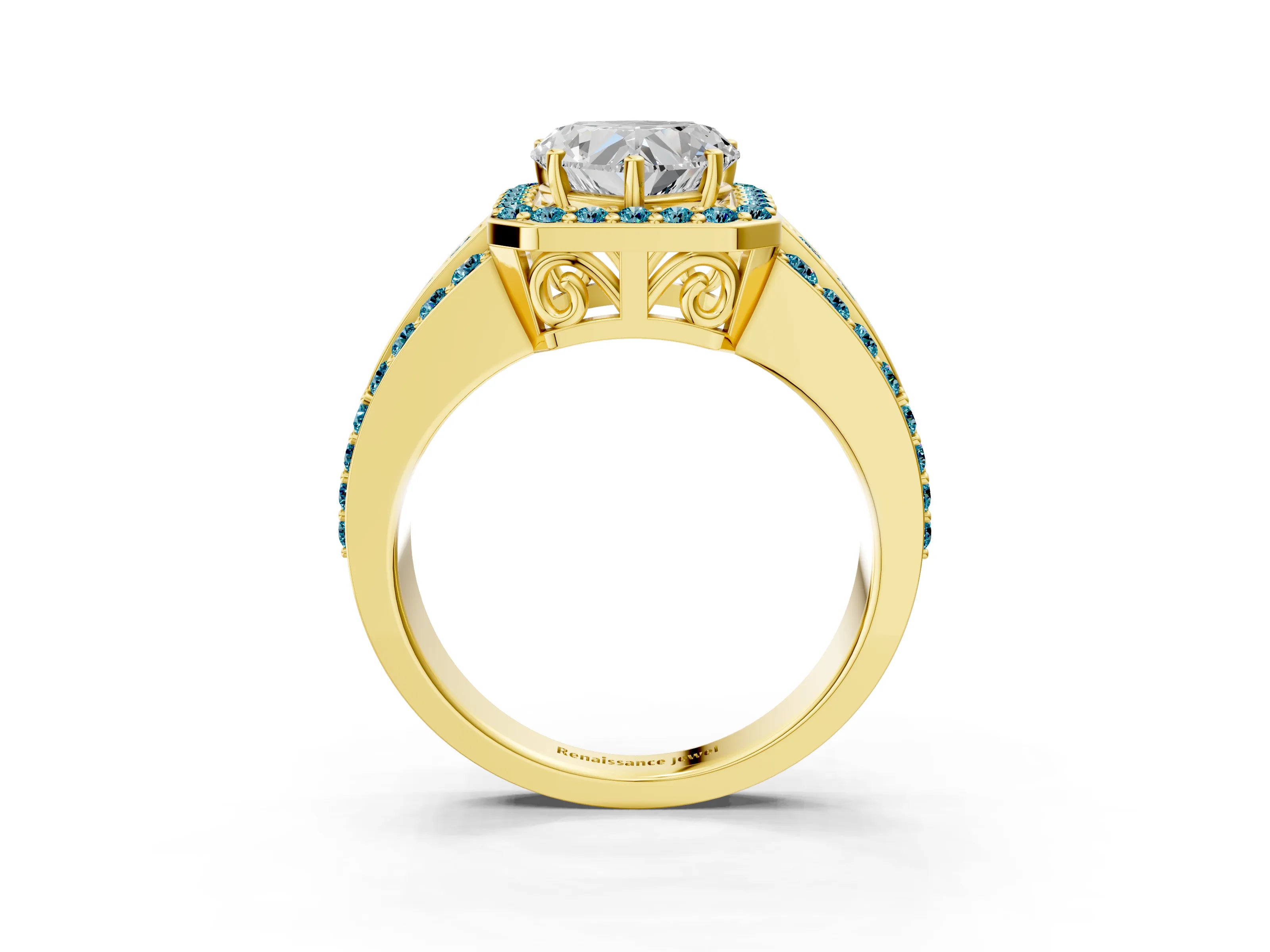 Yellow gold Heart Cut Halo Diamond Ring with Round with Blue Topaz side stone Split Shank and Prong Setting_3