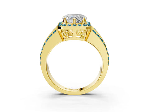 Yellow gold Heart Cut Halo Diamond Ring with Round with Blue Topaz side stone Split Shank and Prong Setting_3