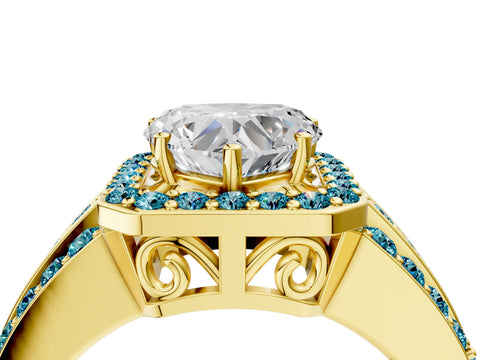 Yellow gold Heart Cut Halo Diamond Ring with Round with Blue Topaz side stone Split Shank and Prong Setting_4