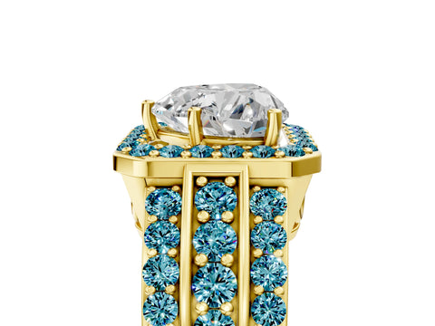 Yellow gold Heart Cut Halo Diamond Ring with Round with Blue Topaz side stone Split Shank and Prong Setting_5