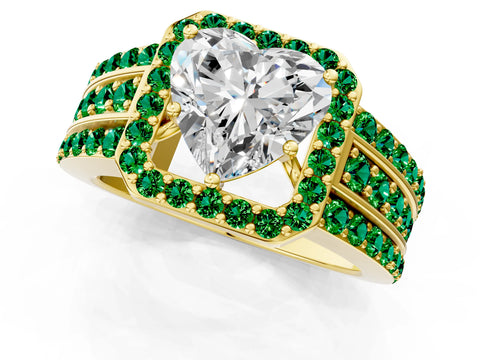Yellow gold Heart Cut Halo Diamond Ring with Round with Emerald side stone Split Shank and Prong Setting_1