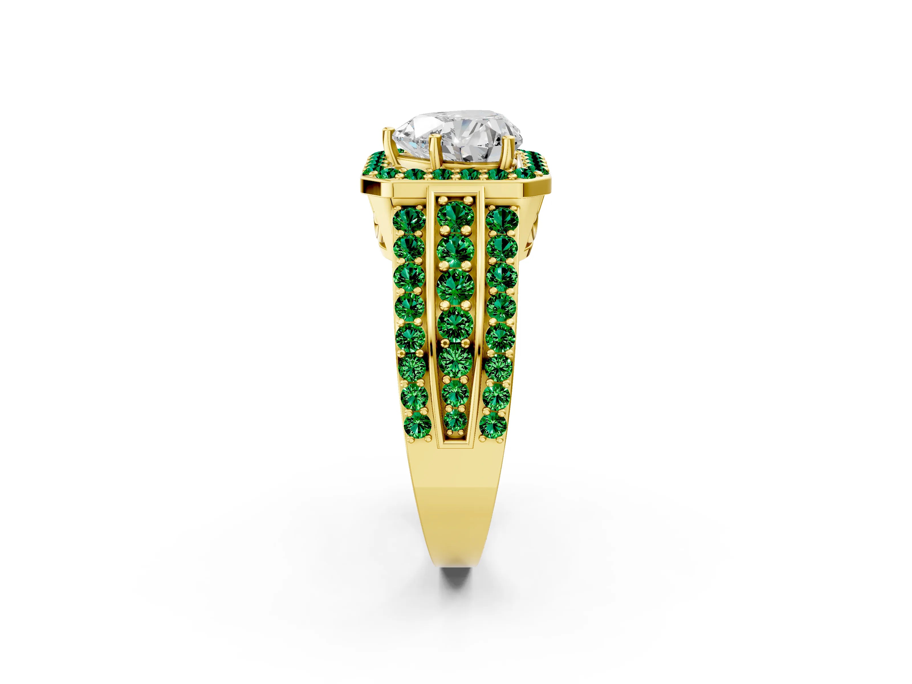 Yellow gold Heart Cut Halo Diamond Ring with Round with Emerald side stone Split Shank and Prong Setting_2