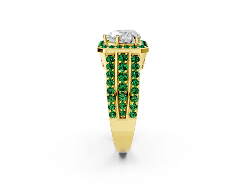 Yellow gold Heart Cut Halo Diamond Ring with Round with Emerald side stone Split Shank and Prong Setting_2