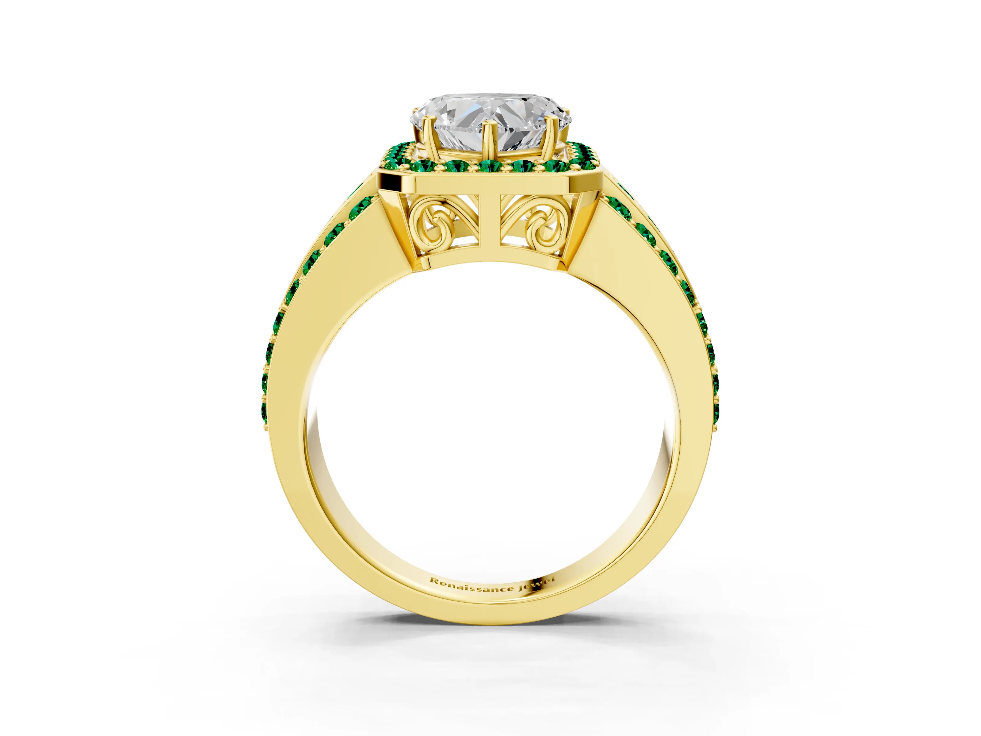 Yellow gold Heart Cut Halo Diamond Ring with Round with Emerald side stone Split Shank and Prong Setting_3