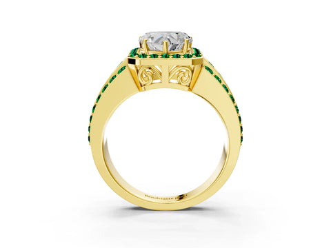 Yellow gold Heart Cut Halo Diamond Ring with Round with Emerald side stone Split Shank and Prong Setting_3