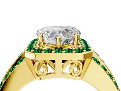 Yellow gold Heart Cut Halo Diamond Ring with Round with Emerald side stone Split Shank and Prong Setting_4