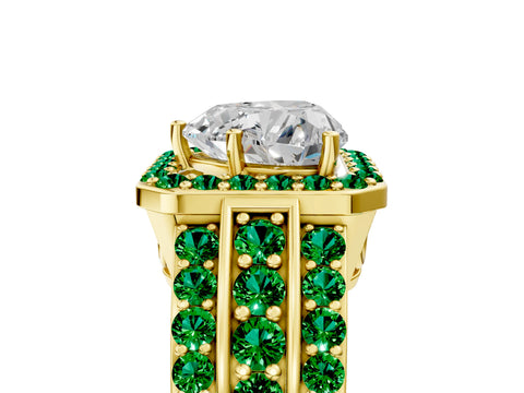 Yellow gold Heart Cut Halo Diamond Ring with Round with Emerald side stone Split Shank and Prong Setting_5