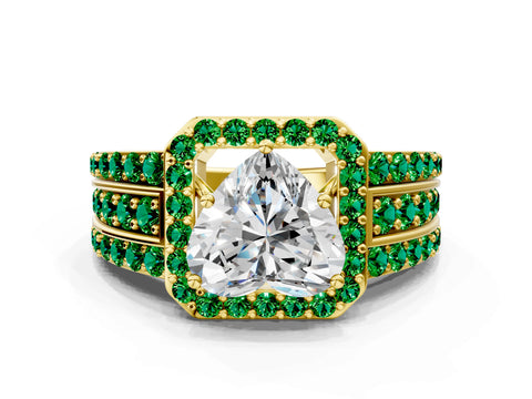 Yellow gold Heart Cut Halo Diamond Ring with Round with Emerald side stone Split Shank and Prong Setting