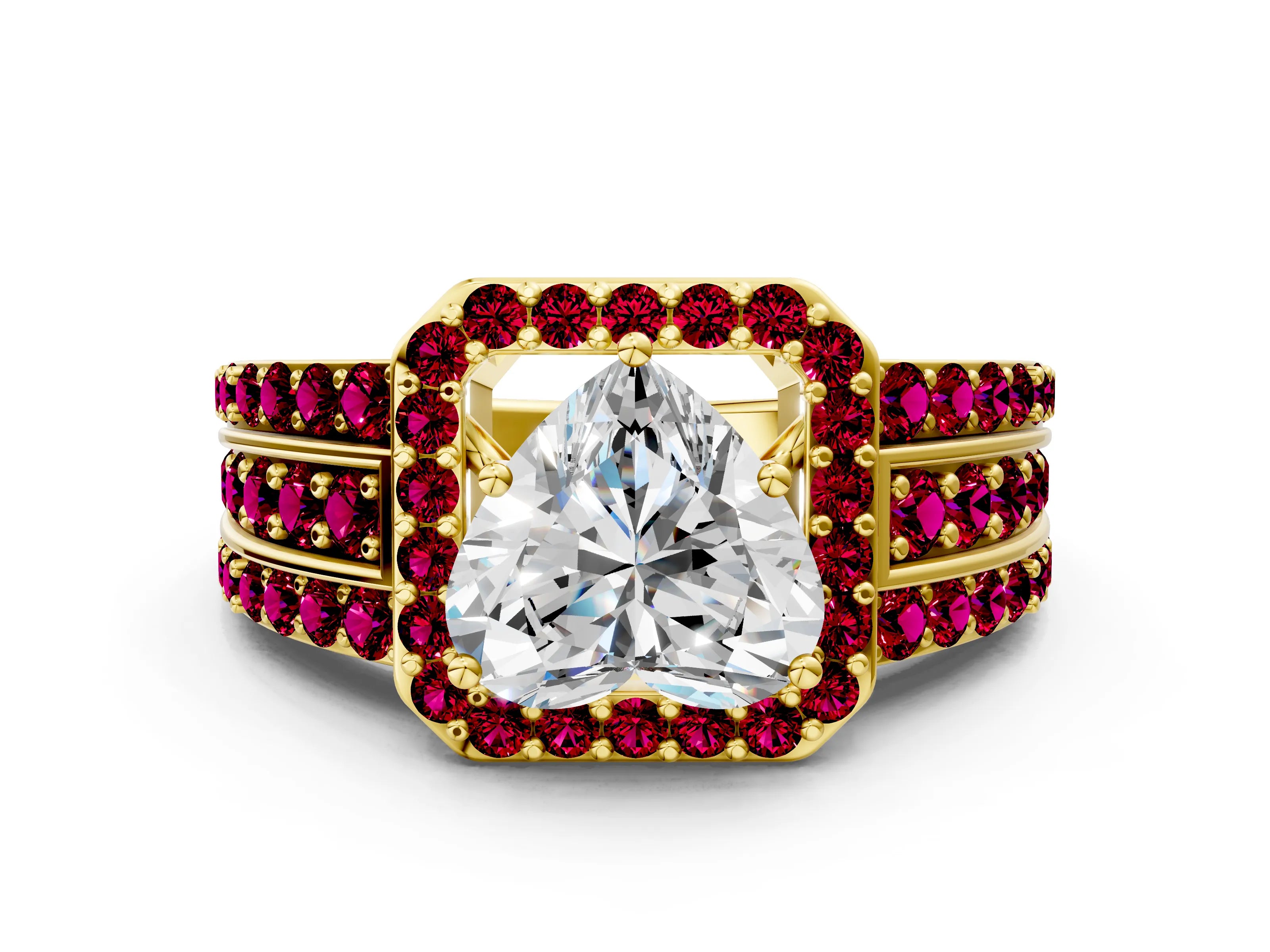 Yellow gold Heart Cut Halo Diamond Ring with Round with Garnet side stone Split Shank and Prong Setting
