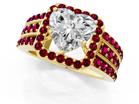 Yellow gold Heart Cut Halo Diamond Ring with Round with Garnet side stone Split Shank and Prong Setting_1