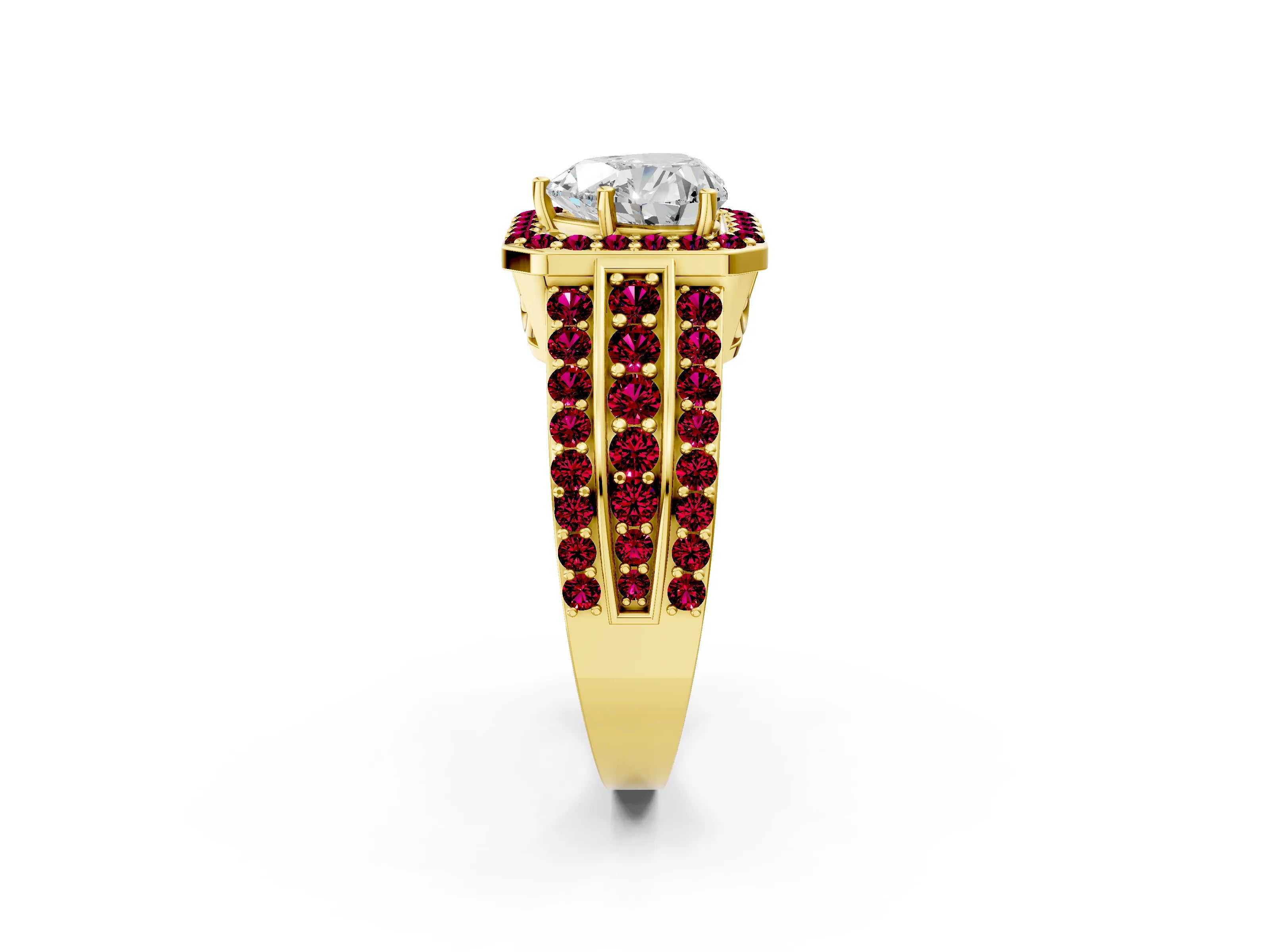 Yellow gold Heart Cut Halo Diamond Ring with Round with Garnet side stone Split Shank and Prong Setting_2