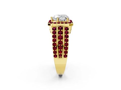Yellow gold Heart Cut Halo Diamond Ring with Round with Garnet side stone Split Shank and Prong Setting_2
