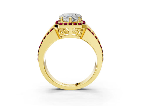 Yellow gold Heart Cut Halo Diamond Ring with Round with Garnet side stone Split Shank and Prong Setting_3