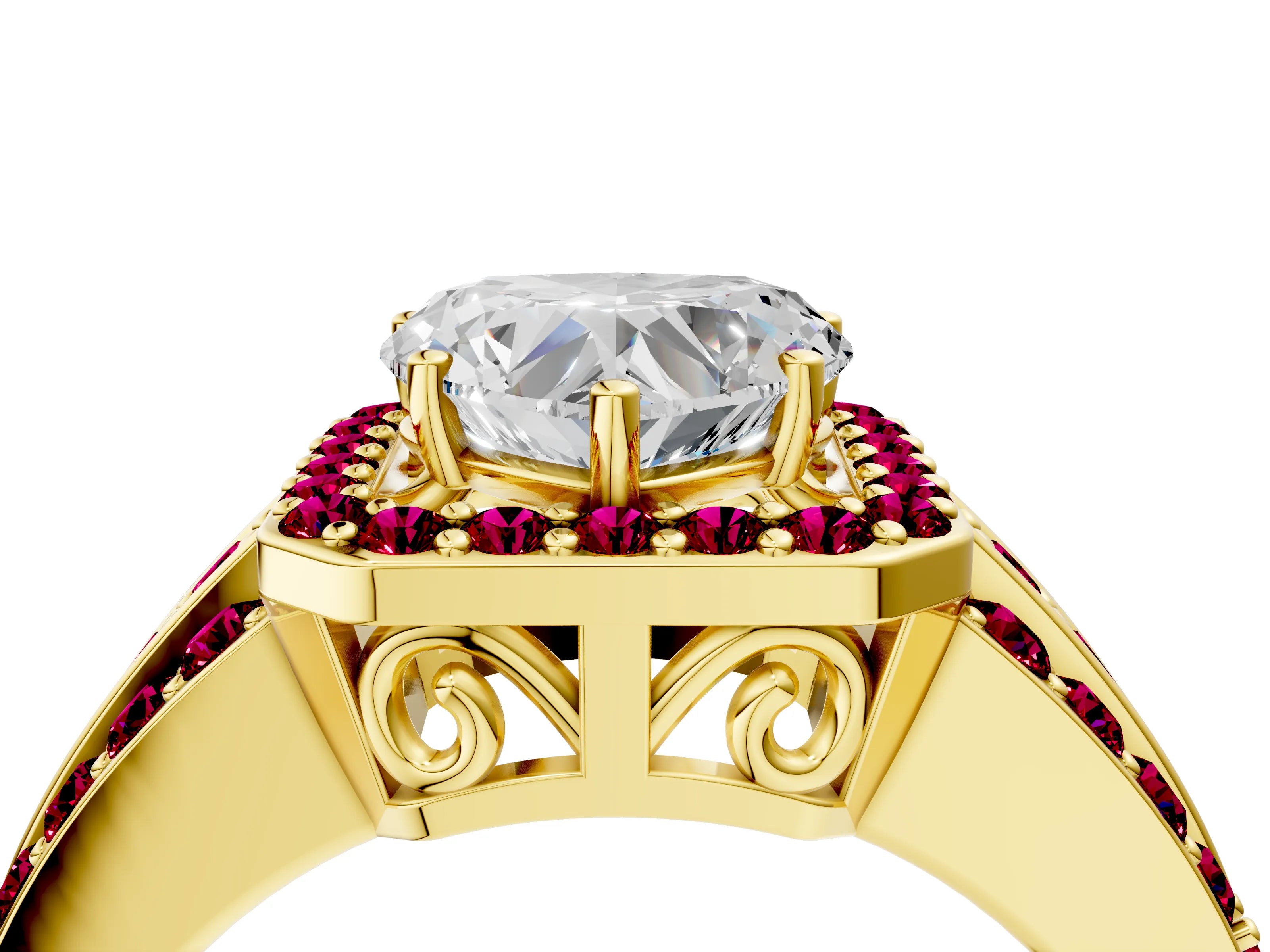 Yellow gold Heart Cut Halo Diamond Ring with Round with Garnet side stone Split Shank and Prong Setting_4