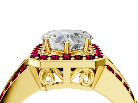 Yellow gold Heart Cut Halo Diamond Ring with Round with Garnet side stone Split Shank and Prong Setting_4