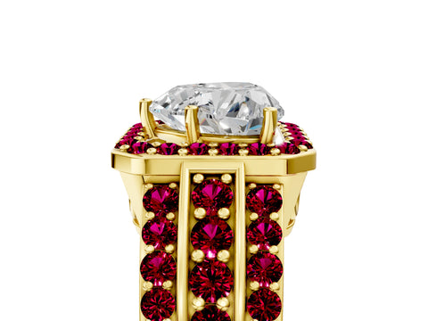 Yellow gold Heart Cut Halo Diamond Ring with Round with Garnet side stone Split Shank and Prong Setting_5