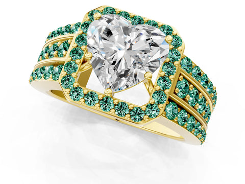 Yellow gold Heart Cut Halo Diamond Ring with Round with Green Sapphire side stone Split Shank and Prong Setting_1
