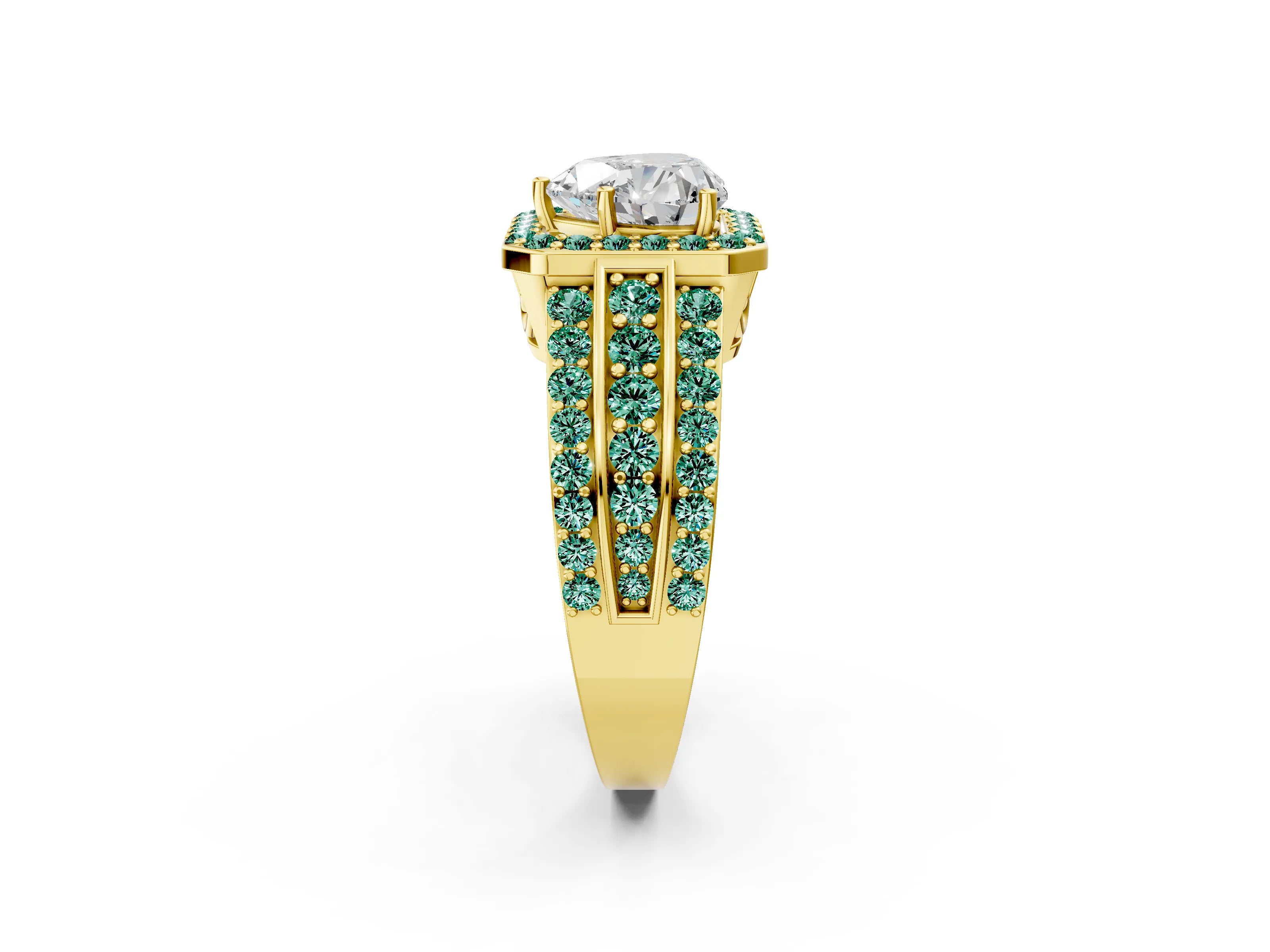 Yellow gold Heart Cut Halo Diamond Ring with Round with Green Sapphire side stone Split Shank and Prong Setting_2