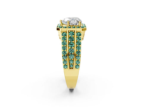 Yellow gold Heart Cut Halo Diamond Ring with Round with Green Sapphire side stone Split Shank and Prong Setting_2