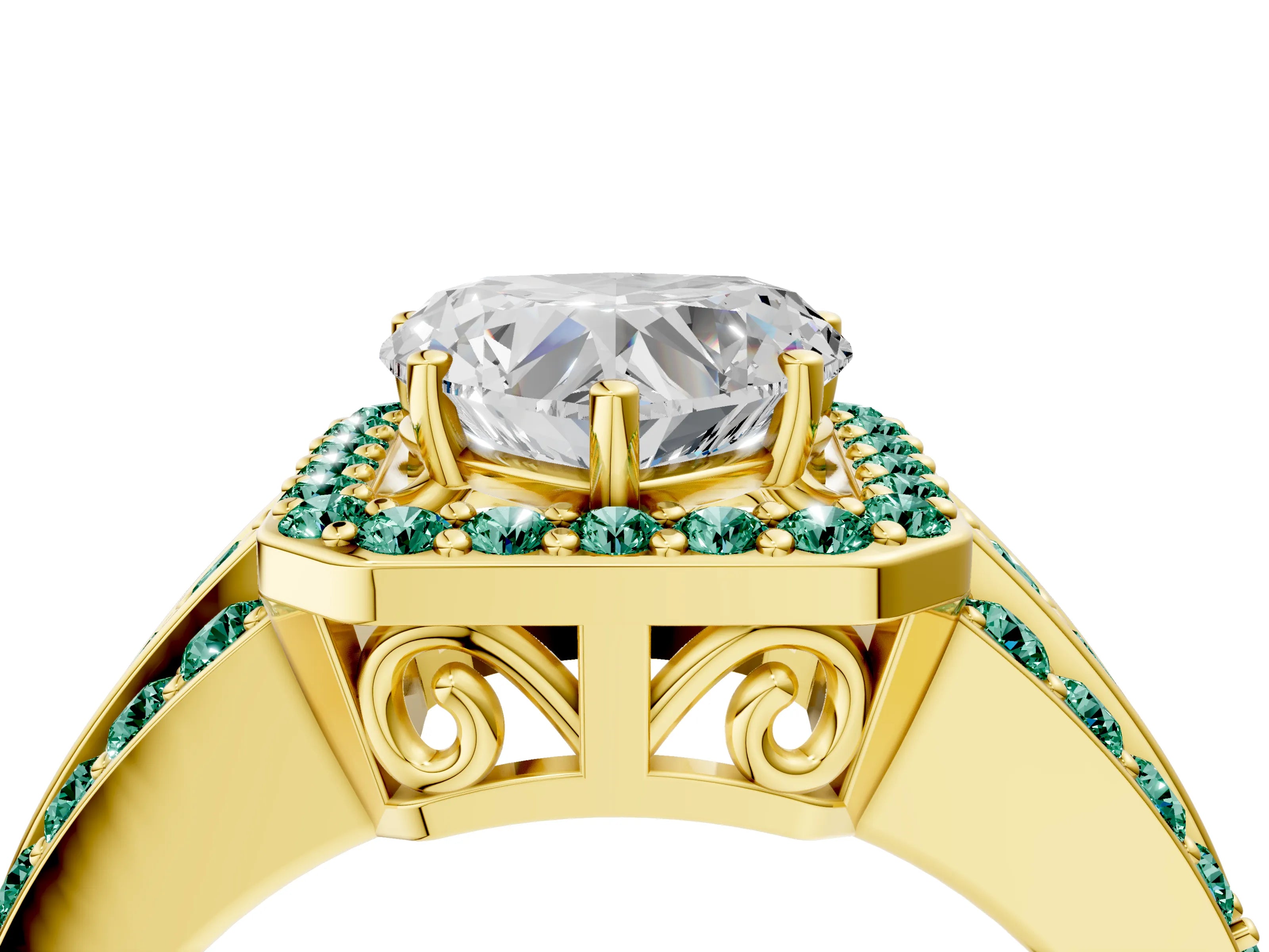 Yellow gold Heart Cut Halo Diamond Ring with Round with Green Sapphire side stone Split Shank and Prong Setting_4