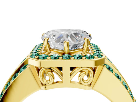 Yellow gold Heart Cut Halo Diamond Ring with Round with Green Sapphire side stone Split Shank and Prong Setting_4