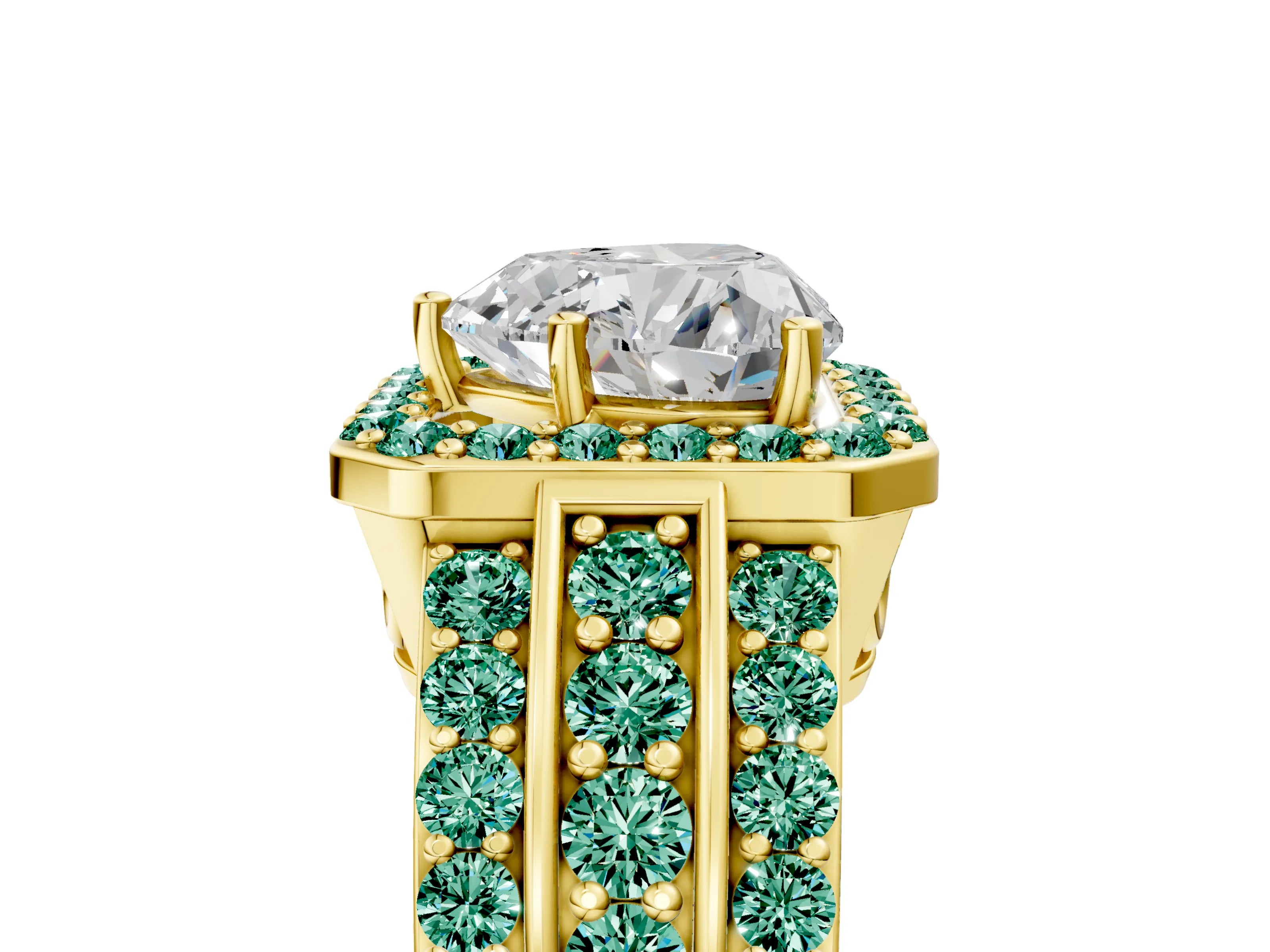 Yellow gold Heart Cut Halo Diamond Ring with Round with Green Sapphire side stone Split Shank and Prong Setting_5