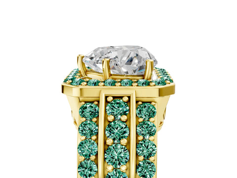 Yellow gold Heart Cut Halo Diamond Ring with Round with Green Sapphire side stone Split Shank and Prong Setting_5