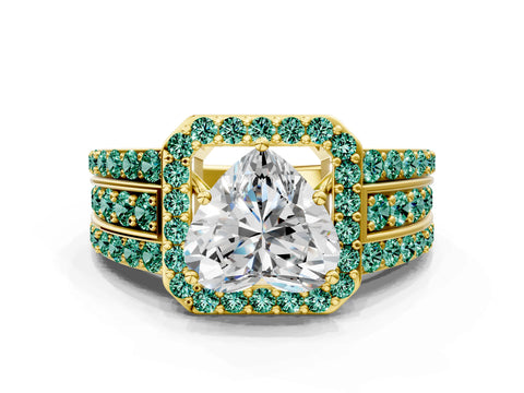 Yellow gold Heart Cut Halo Diamond Ring with Round with Green Sapphire side stone Split Shank and Prong Setting