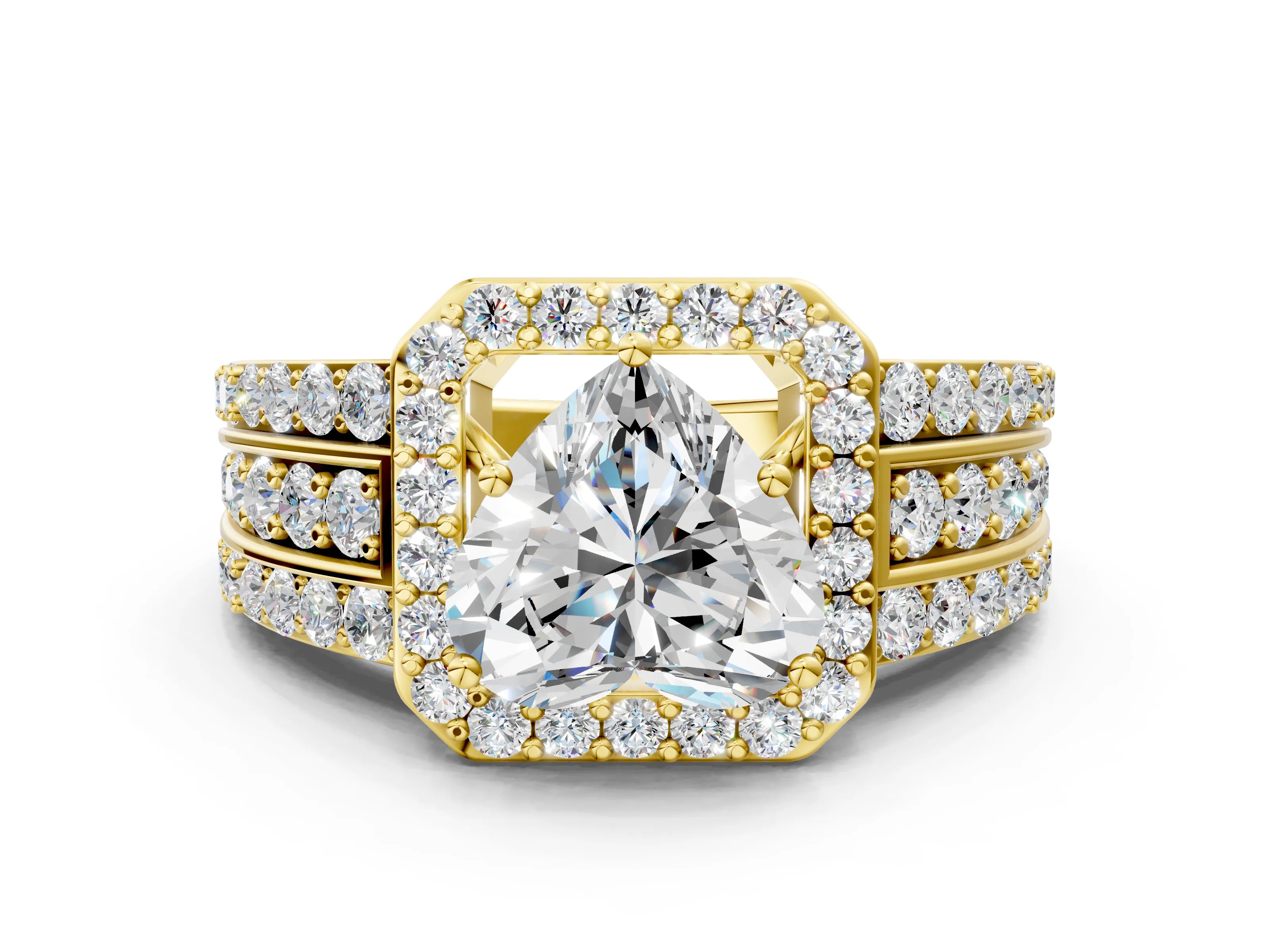 Yellow gold Heart Cut Halo Diamond Ring with Round with Moissanite side stone Split Shank and Prong Setting