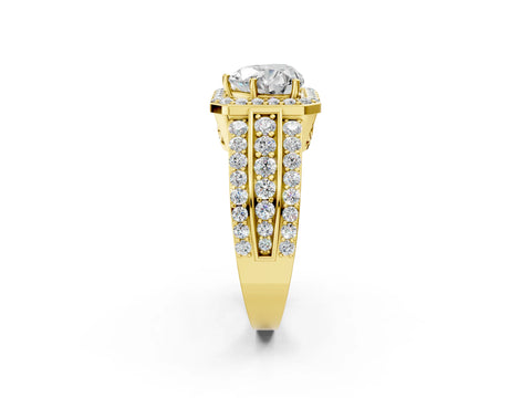 Yellow gold Heart Cut Halo Diamond Ring with Round with Moissanite side stone Split Shank and Prong Setting_2
