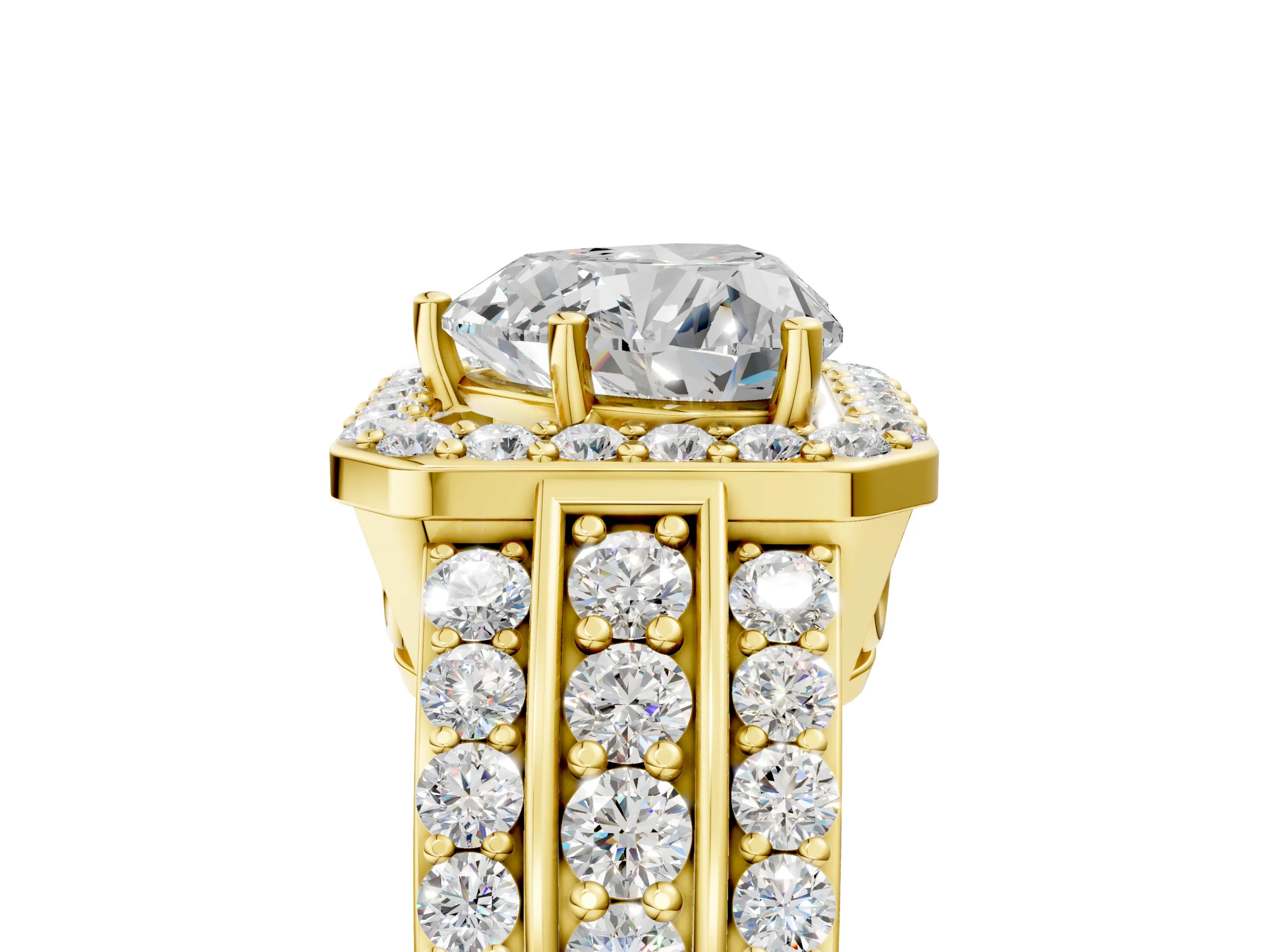 Yellow gold Heart Cut Halo Diamond Ring with Round with Moissanite side stone Split Shank and Prong Setting_5