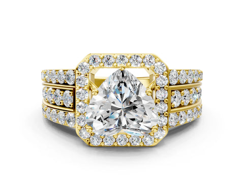Yellow gold Heart Cut Halo Diamond Ring with Round with Moissanite side stone Split Shank and Prong Setting