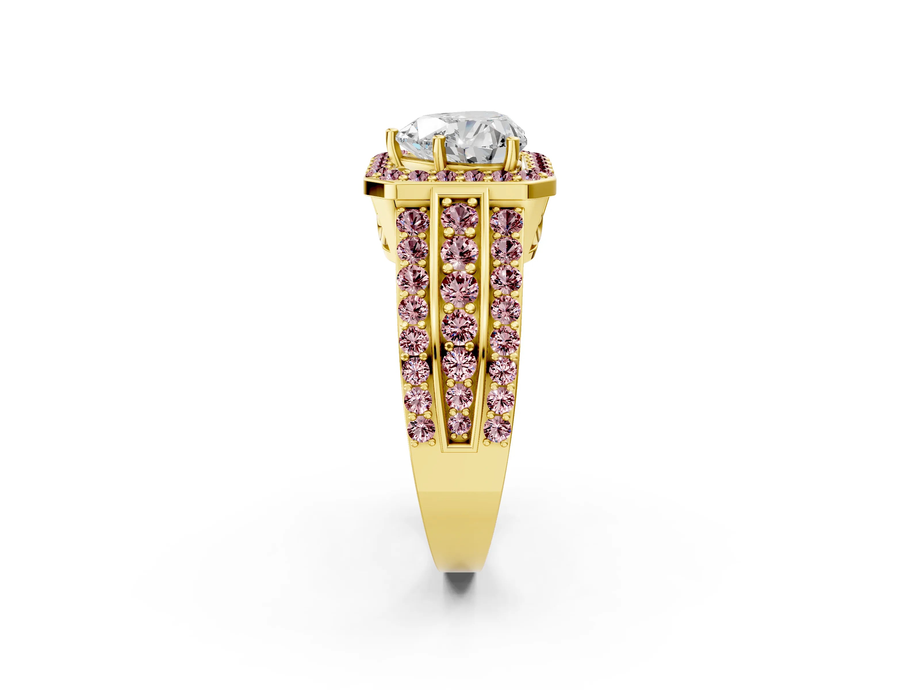 Yellow gold Heart Cut Halo Diamond Ring with Round with Morganite side stone Split Shank and Prong Setting_2