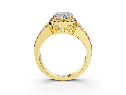 Yellow gold Heart Cut Halo Diamond Ring with Round with Morganite side stone Split Shank and Prong Setting_3
