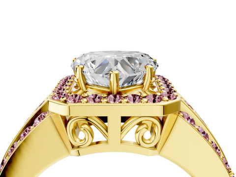 Yellow gold Heart Cut Halo Diamond Ring with Round with Morganite side stone Split Shank and Prong Setting_4