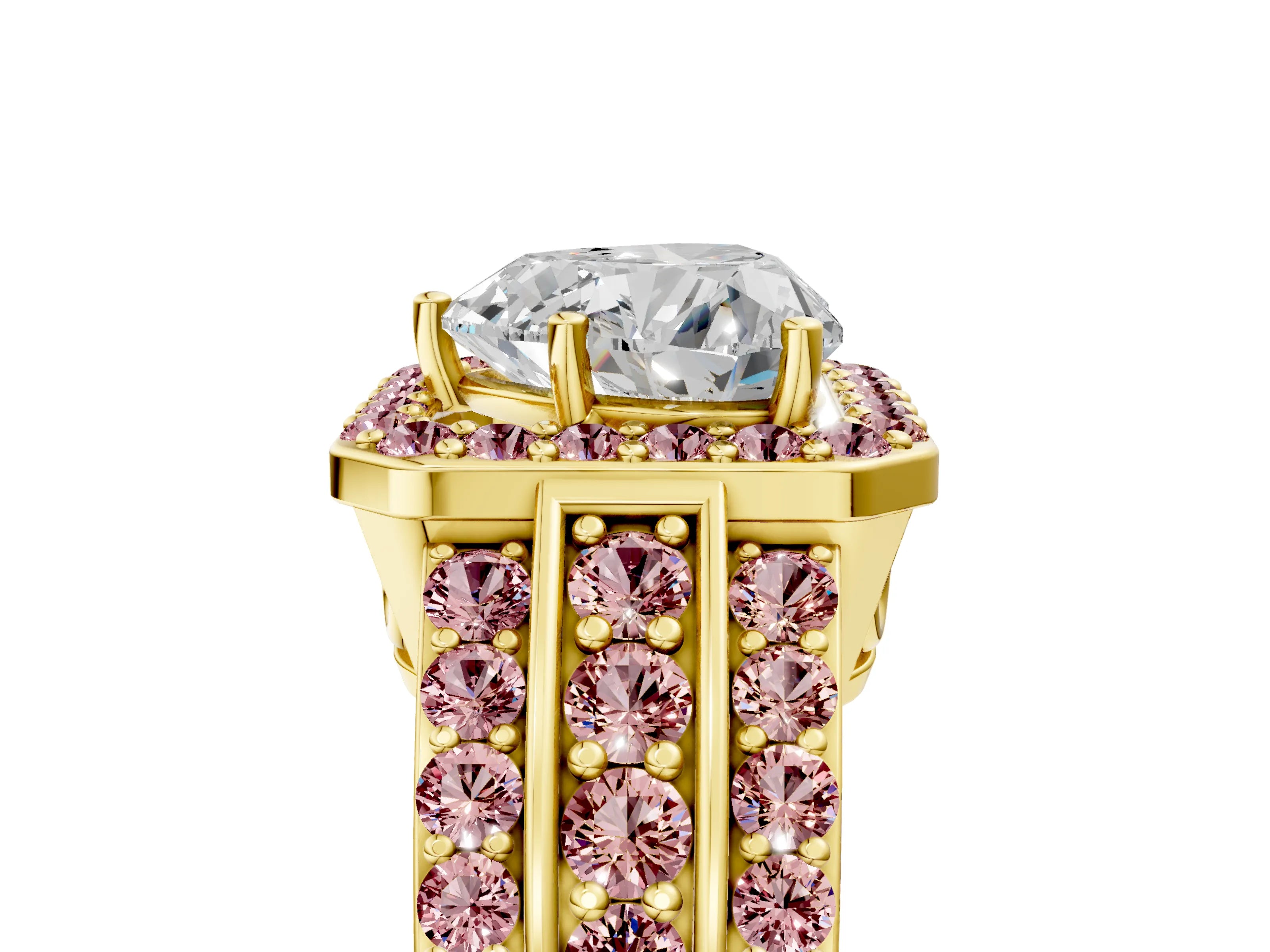 Yellow gold Heart Cut Halo Diamond Ring with Round with Morganite side stone Split Shank and Prong Setting_5